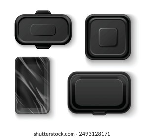 Black food tray box. Empty container package mockup. 3d isolated meal plate with polyethylene for product packaging and branding in supermarket. Blank retail market storage for lunch vector design
