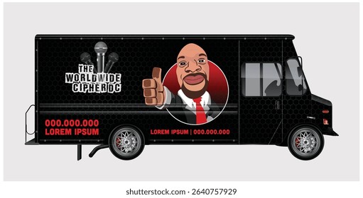 Black food truck design with cartoon illustration and 'The Worldwide Cipher DC' branding.