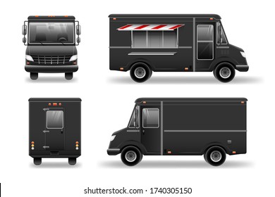 Black Food Truck Hi-detailed Vector Template For Mock Up Brand Identity. Food Truck Vector Template For Car Branding And Advertising. Isolated Delivery Van Illustration On White.