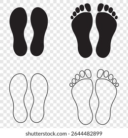 Impressões de pé preto e impressão de sapatos único padrão coleção Vetor ilustração isolado no fundo transparente.