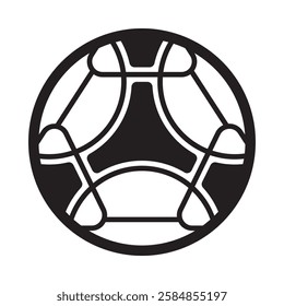 Black football ball with triangular rounded shapes on white background. Soccer icon.