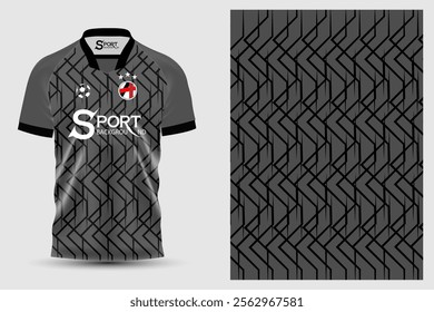 The black football shirt features a graphic pattern with geometric shapes that are continuously connected on the front, adding interest and a modern look.