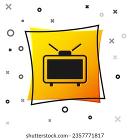 Black Football soccer match on TV icon isolated on white background. Football online concept. Yellow square button. Vector