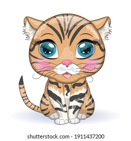 Black footed cat with beautiful eyes in cartoon style, colorful illustration for children. Felis nigripes cat with characteristic spots and colors