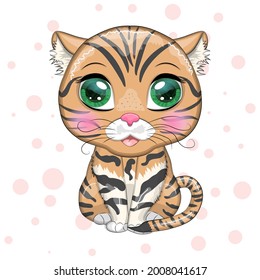 Black footed cat with beautiful eyes in cartoon style, colorful illustration for children. Felis nigripes cat with characteristic spots and colors