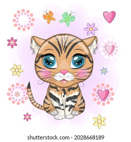 Black footed cat with beautiful eyes in cartoon style, colorful illustration for children. Felis nigripes cat with characteristic spots and colors