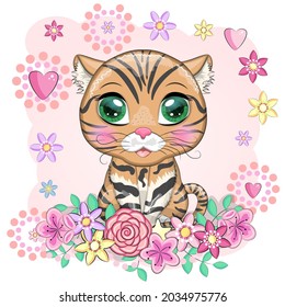 Black footed cat with beautiful eyes in cartoon style, colorful illustration for children. Felis nigripes cat with characteristic spots and colors