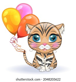 Black footed cat with beautiful eyes in cartoon style, colorful illustration for children. Felis nigripes cat with characteristic spots and colors