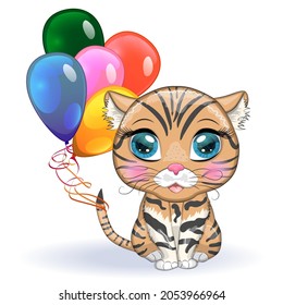 Black footed cat with beautiful eyes in cartoon style, colorful illustration for children. Felis nigripes cat with characteristic spots and colors