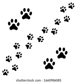 Black Footpath trail of dog prints walking randomly. Animal footprints, dog or cat paws print isolated on white background. Vector illustration of footprint silhouette.