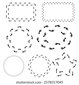 Black Footprint Frames and Trails. Walking Marks Set. Round and Square Frames. Footsteps Border.