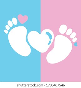 Black footprint, pink, blue, heart, silhouette. vector illustration