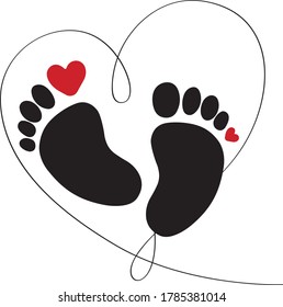 Black footprint, red, heart, silhouette. vector illustration