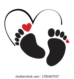 Black footprint, red, heart, silhouette. vector illustration