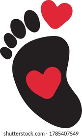 Black footprint, red, heart, silhouette. vector illustration