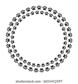 As pegadas pretas dos animais giram ao redor do quadro com espaço em branco para o seu modelo de design de vetor de texto.
