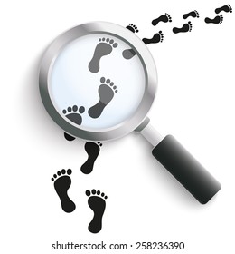 Black footprints with loupe on the white background. Eps 10 vector file.
