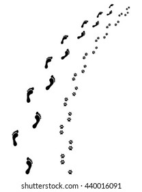 Black footprints of man and dog, turn right, vector