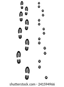 Black footprints of man and dog, vector illustration