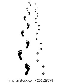 Black footprints of man and dog, vector