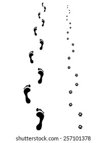 Black footprints of man and dog, vector