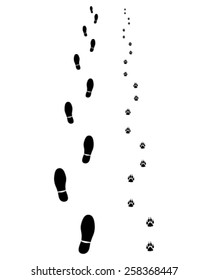 Black footprints of man and dog, vector