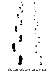 Black footprints of man and dog, vector