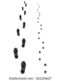 Black footprints of man and dog, vector