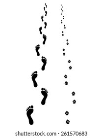 Black footprints of man and dog, vector