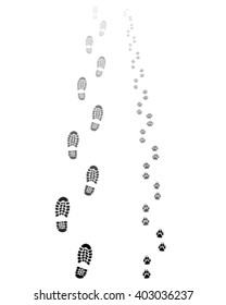 Black footprints of man and dog, vector