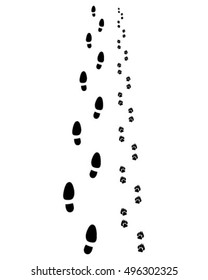 Black footprints of man and dog, vector