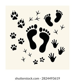 Black footprints and paw prints on beige background, animal tracks and human feet