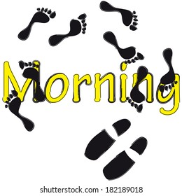 Black footprints and shoes print on white background