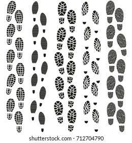 Black Footprints Silhouette Set Texture Pattern Men and Women Pairs Shoes. Vector illustration of Foot Print