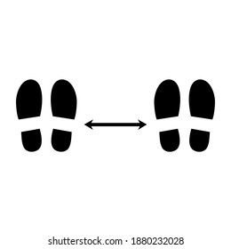 Black footprints social distance isolated on white background. Footsteps shoes silhouette isolated with arrow distance between. 