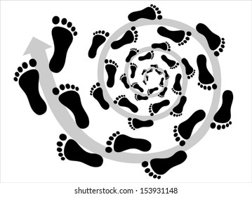 Black  footprints in a spiral on white background