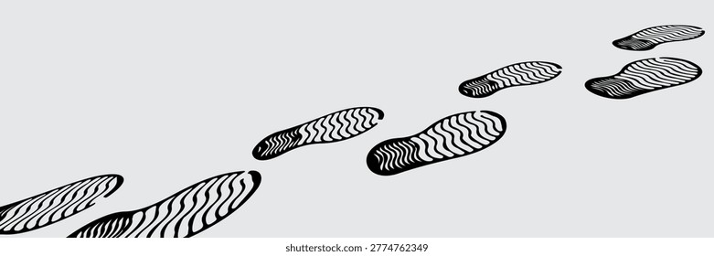 Black Footprints Trail on Gray Background, Concept of Journey and Direction