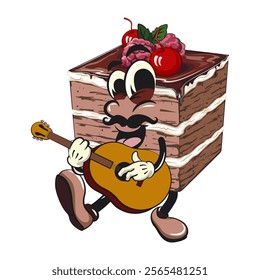 black fores cake cute cartoon isolated vector illustration character mascot with moustache playing guitar, work of hand drawn