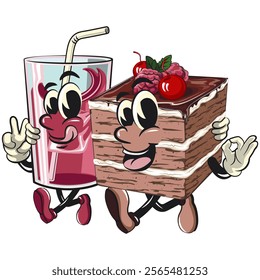 black fores cake cute cartoon isolated vector illustration character mascot walk with a glass juice ice character while giving a peace and giving an ok sign, work of hand drawn