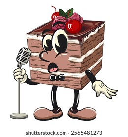 black fores cake cute cartoon isolated vector illustration character mascot on front of the mic become a stand up comedian, work of hand drawn