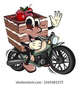 black fores cake cute cartoon isolated vector illustration character mascot riding a big motorcycle, work of hand drawn