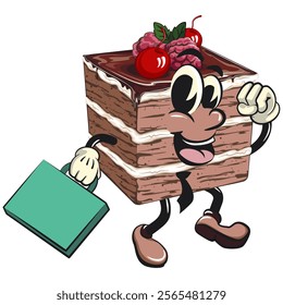 black fores cake cute cartoon isolated vector illustration character mascot wearing a tie and carrying a suitcase rushing to the office, work of hand drawn