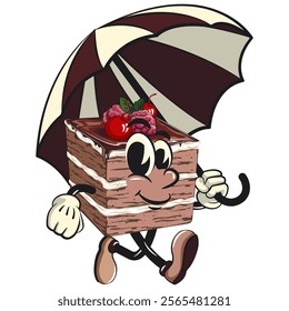 black fores cake cute cartoon isolated vector illustration character mascot walking with an umbrella, work of hand drawn