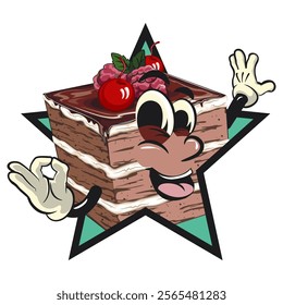 black fores cake cute cartoon isolated vector illustration character mascot out from of a star by giving an OK sign, work of hand drawn