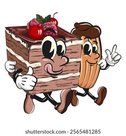 black fores cake cute cartoon isolated vector illustration character mascot walk with a churros character while giving a thumbs up sign, work of hand drawn