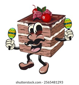 black fores cake cute cartoon isolated vector illustration character mascot with moustache playing maracas, work of hand drawn