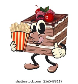 black fores cake cute cartoon isolated vector illustration character mascot brought a box of french fries, work of hand drawn