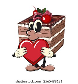 black fores cake cute cartoon isolated vector illustration character mascot hold the heart with love, work of hand drawn