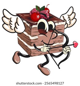 black fores cake cute cartoon isolated vector illustration character mascot being cupid with angel wings and the arrow of love, work of hand drawn