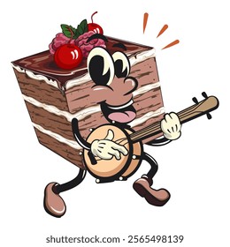 black fores cake cute cartoon isolated vector illustration character mascot playing the banjo musical instrument, work of hand drawn